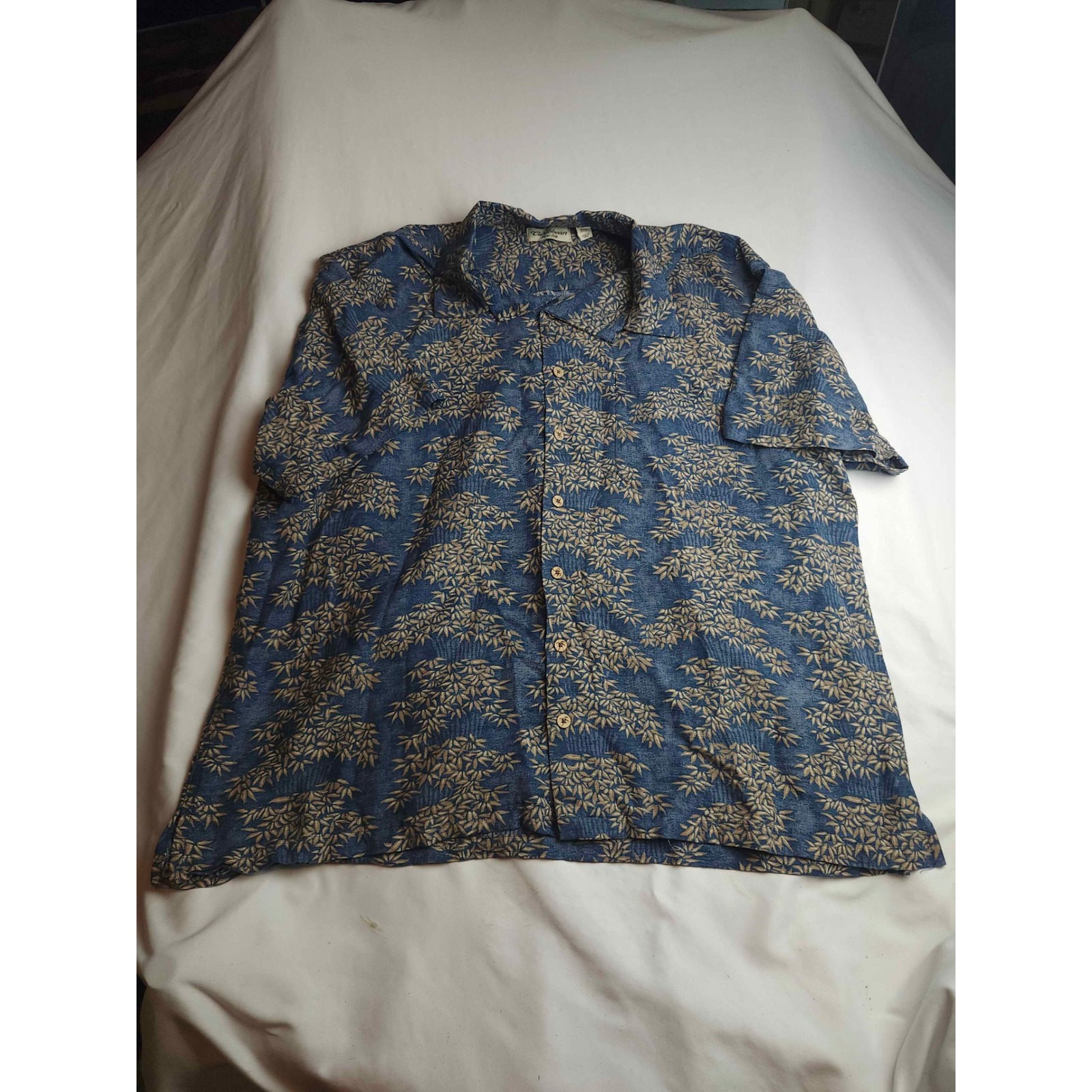 Caribbean Pure Silk Mens 2xb Blue Bamboo Tropical Camp Shirt Short Sleeve